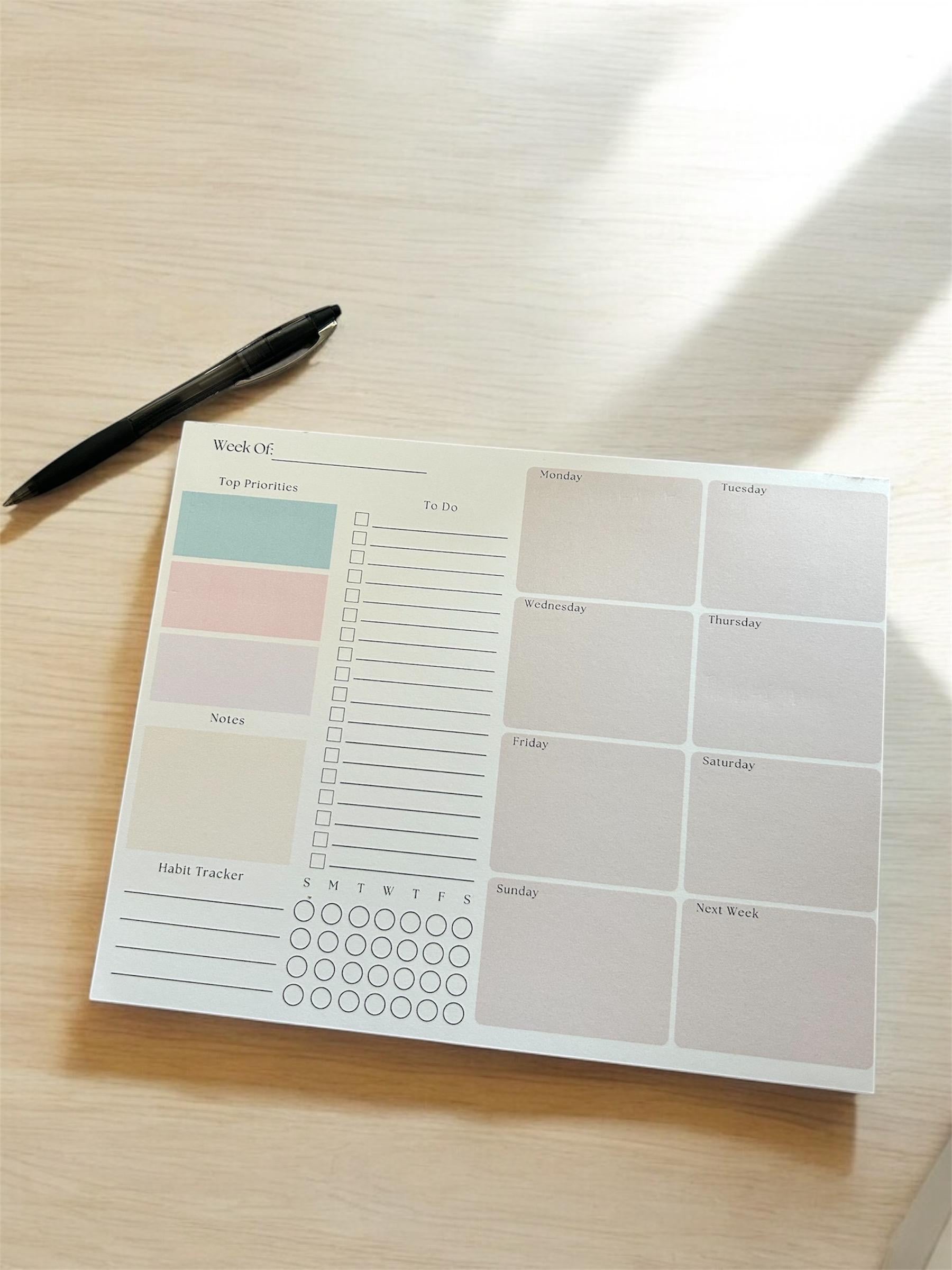 Minimalist Weekly Planner Notepad | Undated 8x10 Tear-Off Desk Pad