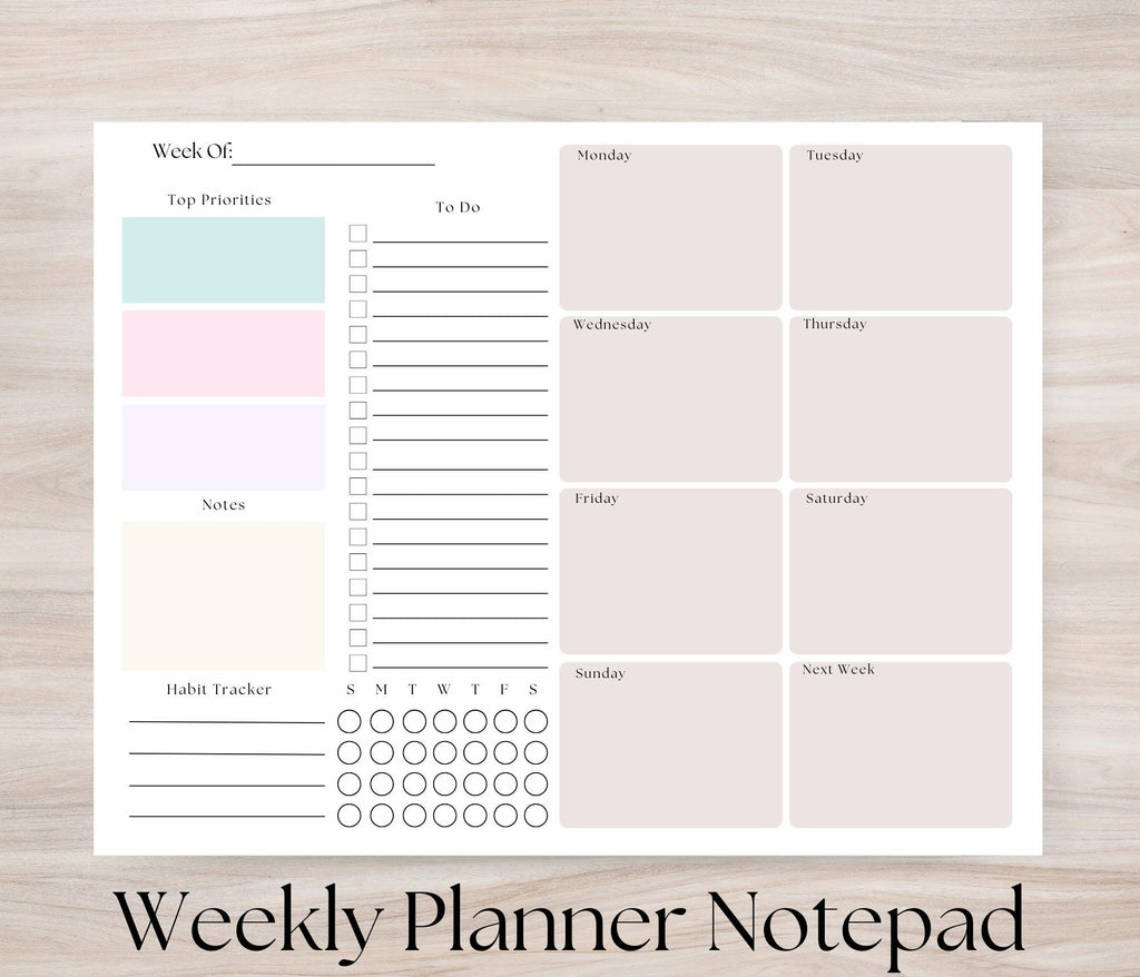 Minimalist Weekly Planner Notepad | Undated 8x10 Tear-Off Desk Pad